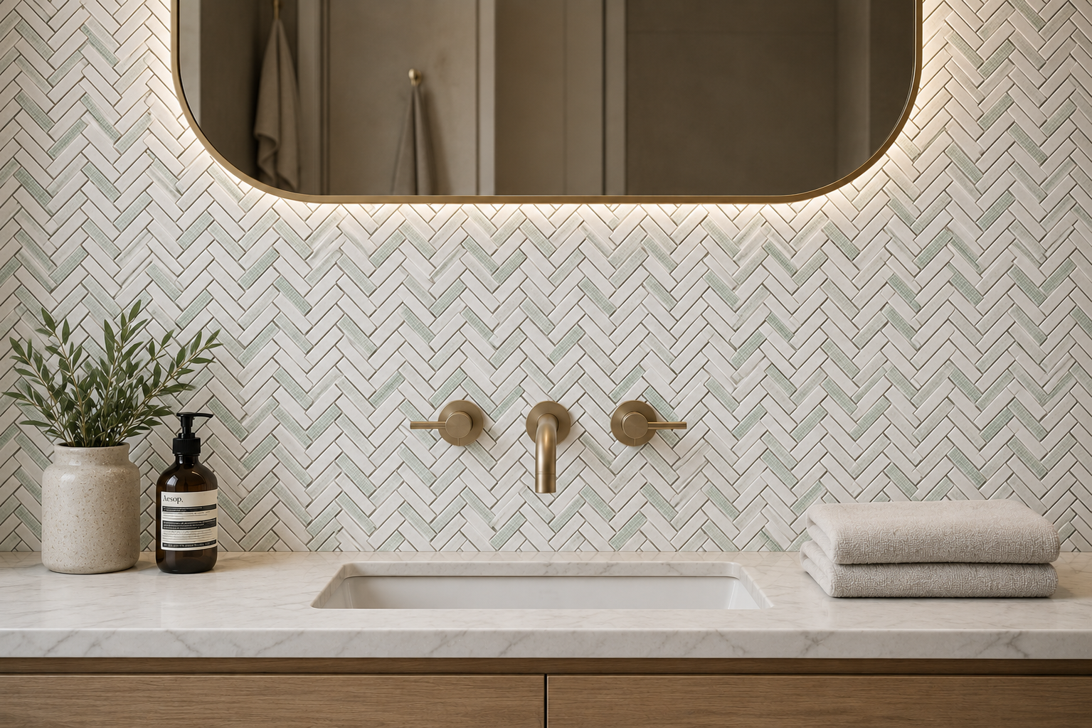 Verde White Herringbone Marble Mosaic Tile