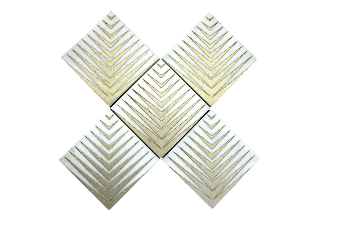 Agape White gold marble geometric mosaic tile with decorative linear pattern