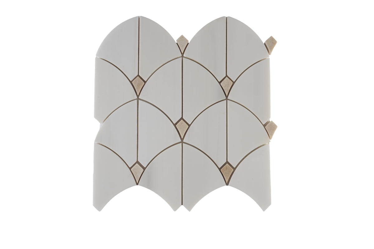 Archie Dolomite Beige Dot Polished Marble Mosaic Tile with white and beige contrast