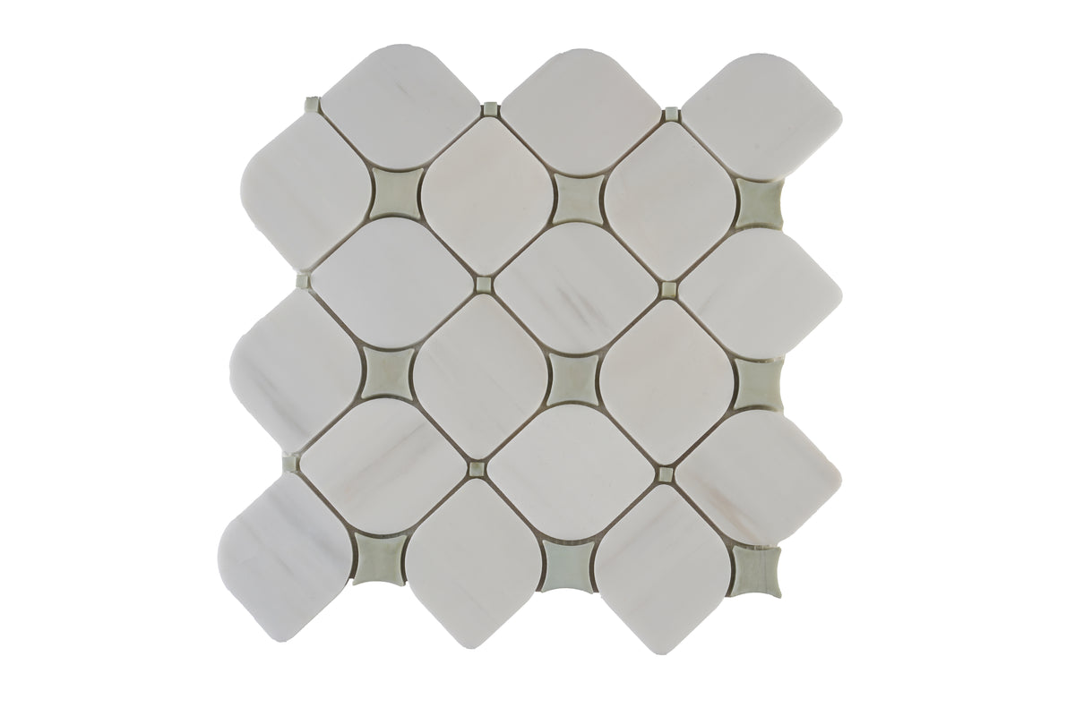 Dolomite and Green Cosima Polished Marble Mosaic Tile with contrasting white and green marble
