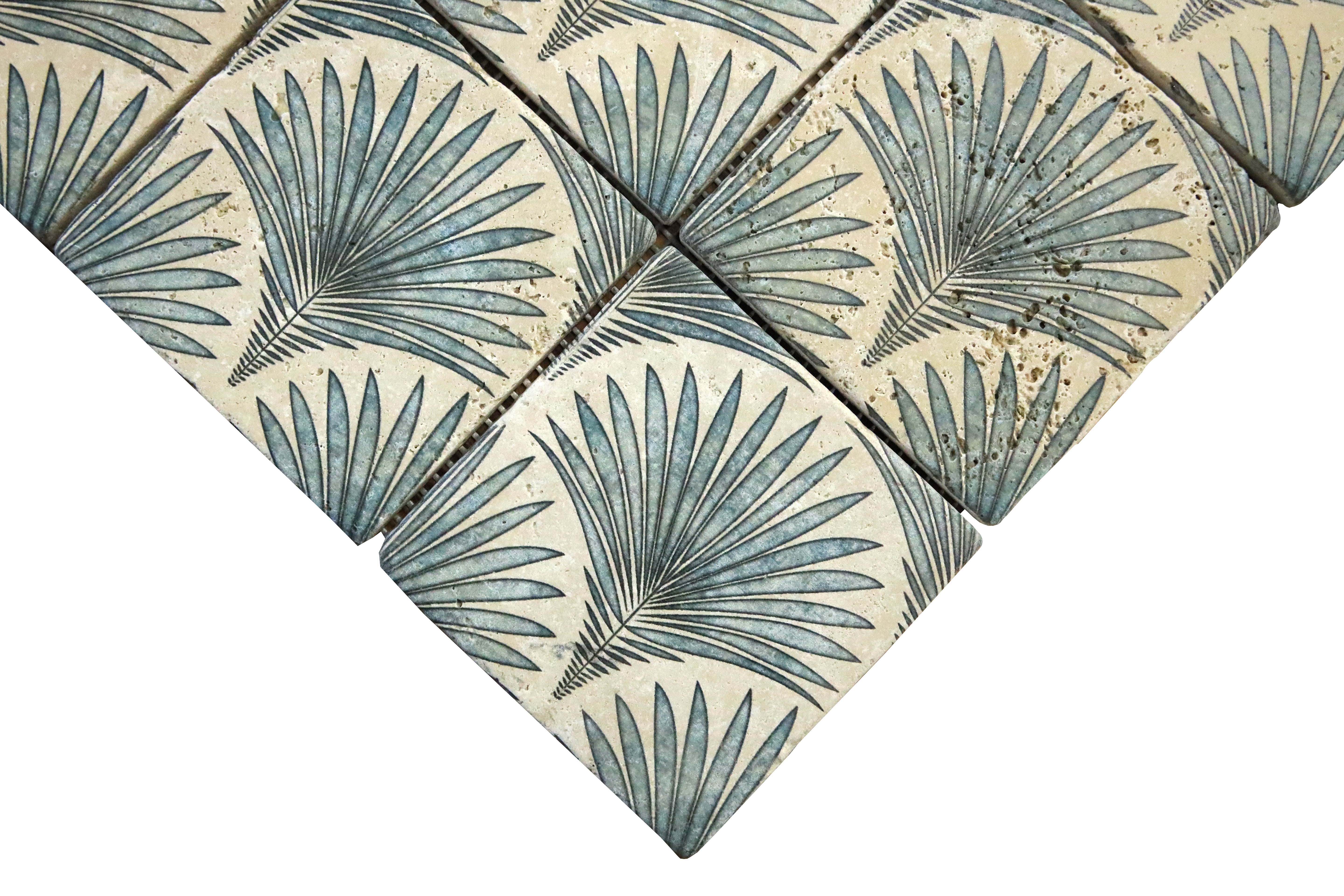 Decorative scallop travertine mosaic tile showing repeating botanical fan pattern