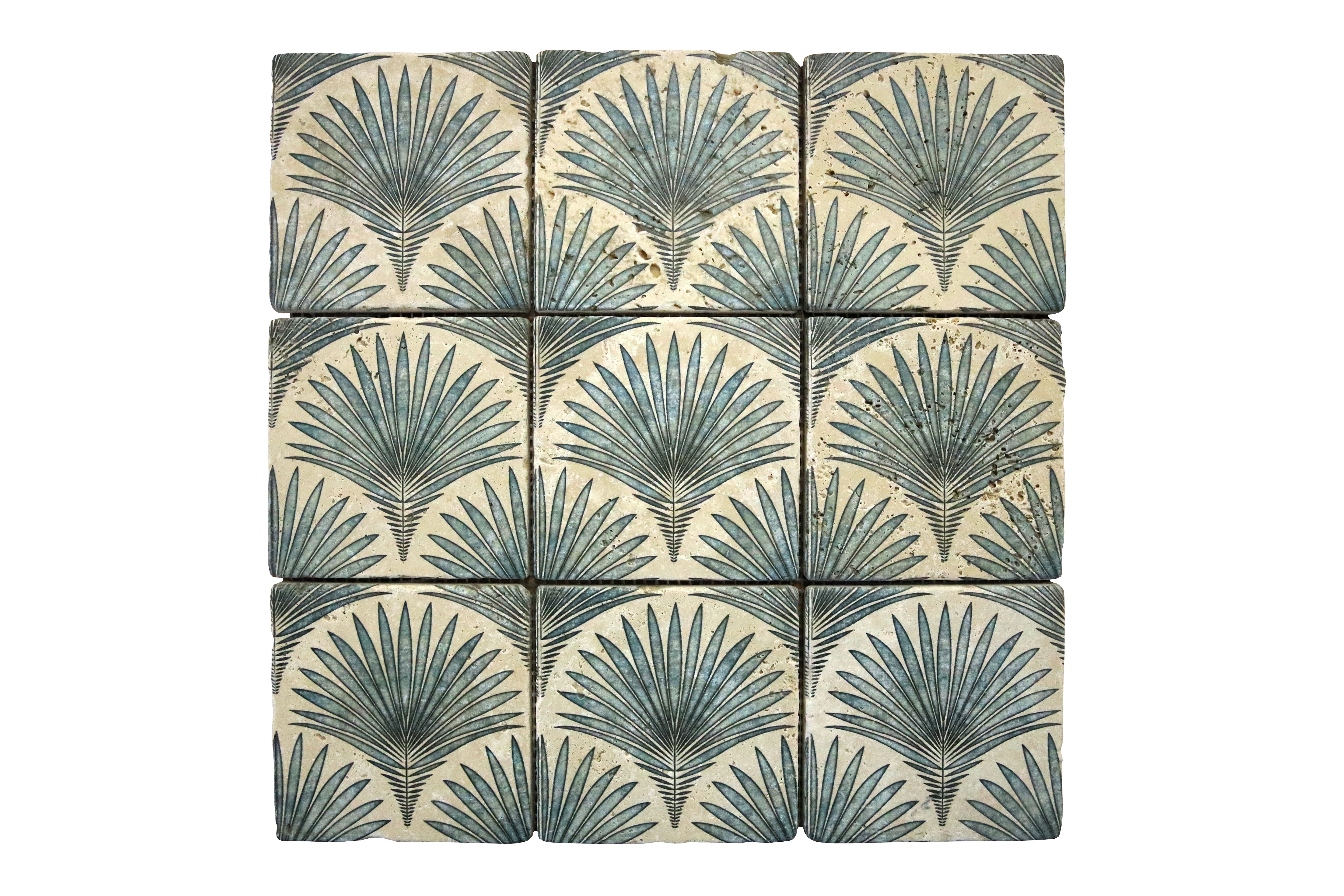 Scallop Travertine Venato mosaic tile with decorative palm-inspired pattern and tumbled finish