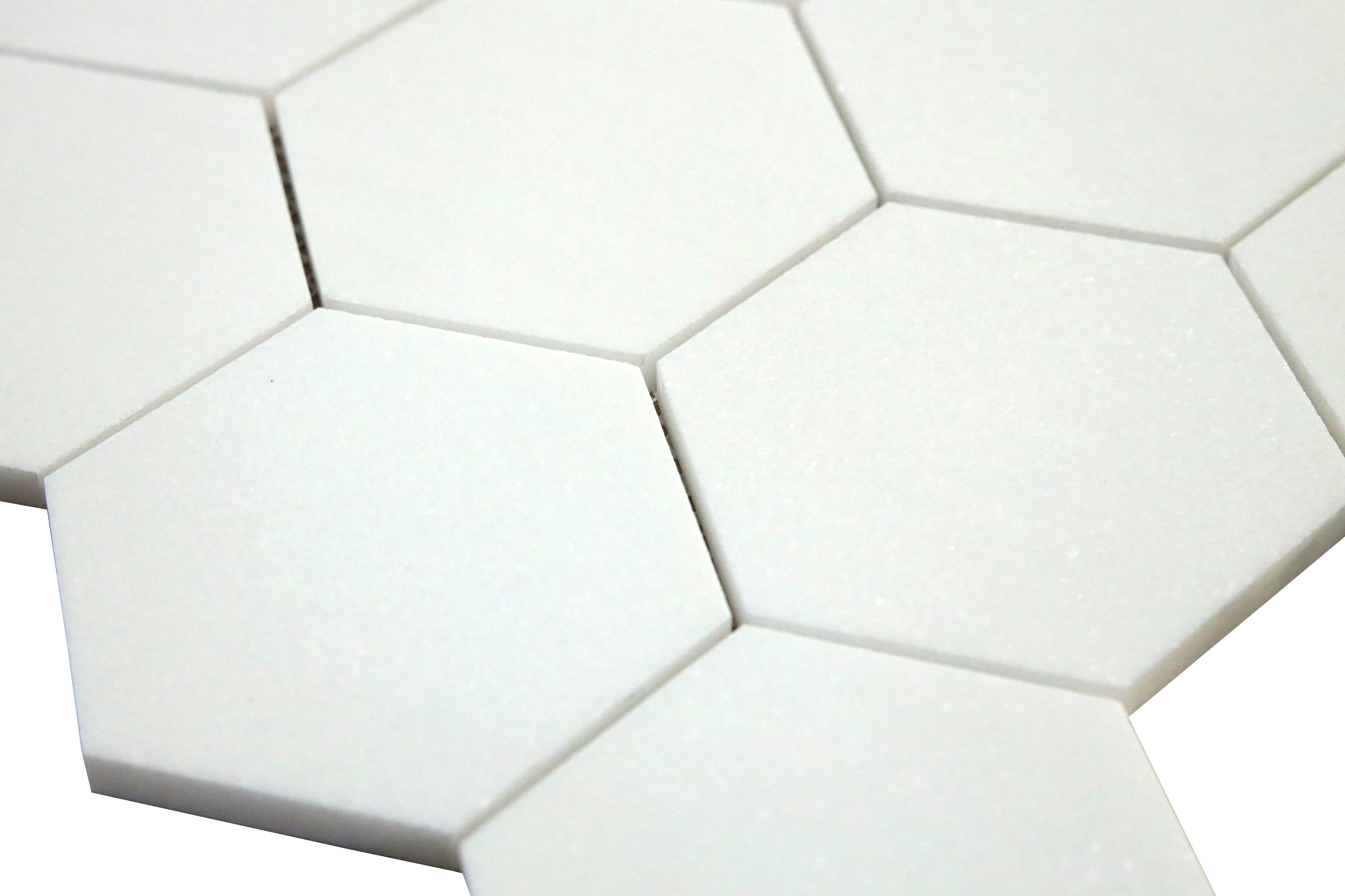 Geometric white Thassos marble hexagon mosaic tile pattern