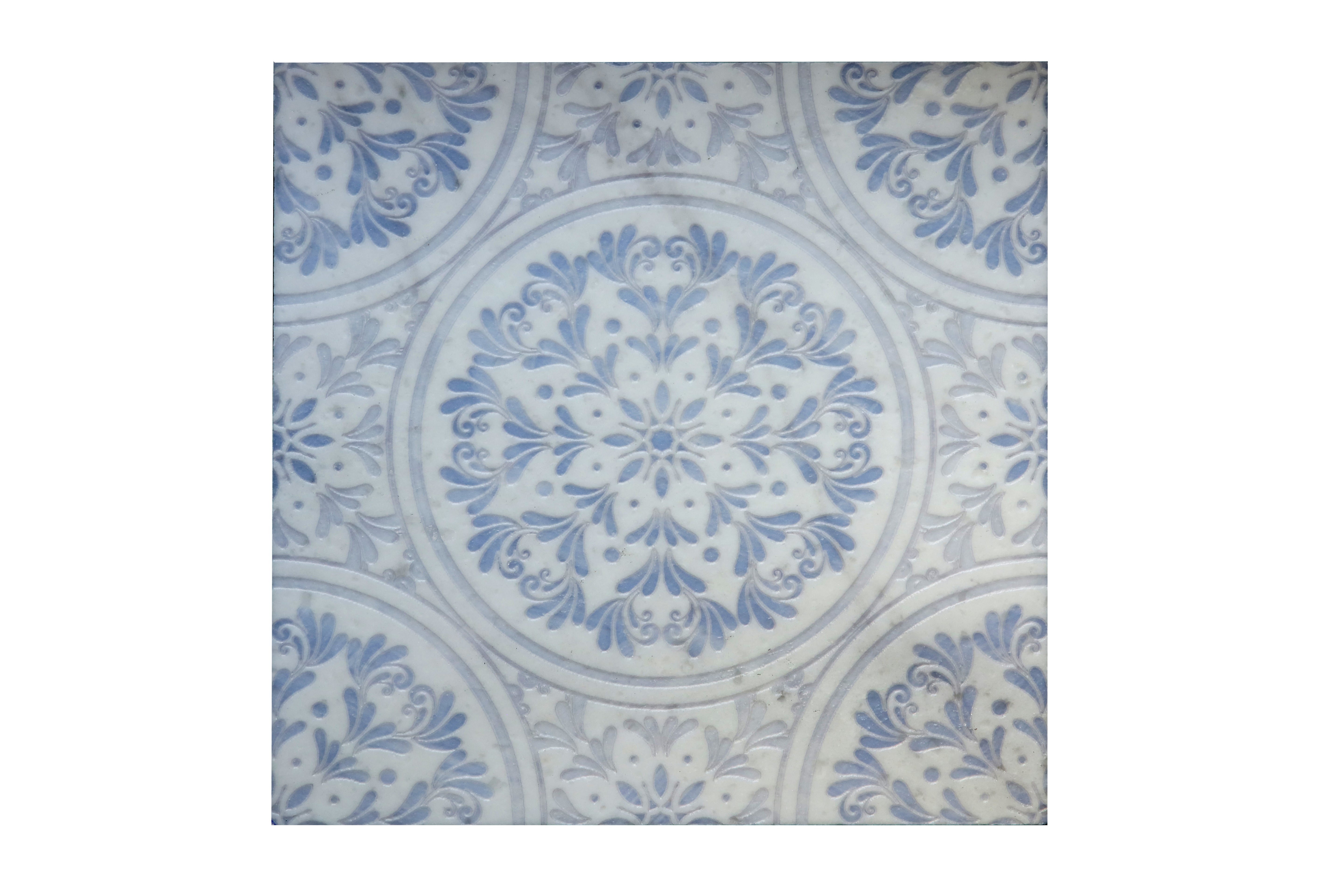 Amelia Iris white marble decorative mosaic tile with soft blue ornamental pattern