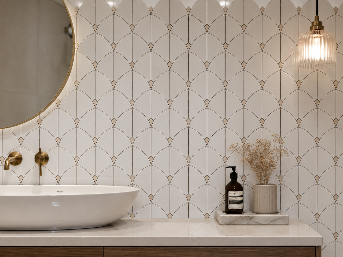Archie Dolomite Beige Dot Polished Marble Mosaic Tile used in a bathroom