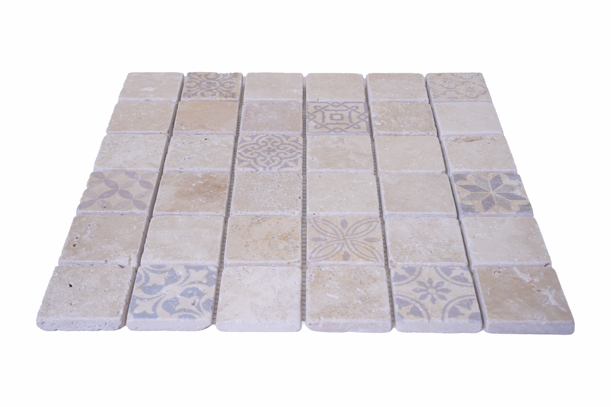 Close-up of Art Mix 2x2 Tumbled Travertine Mosaic showing natural texture
