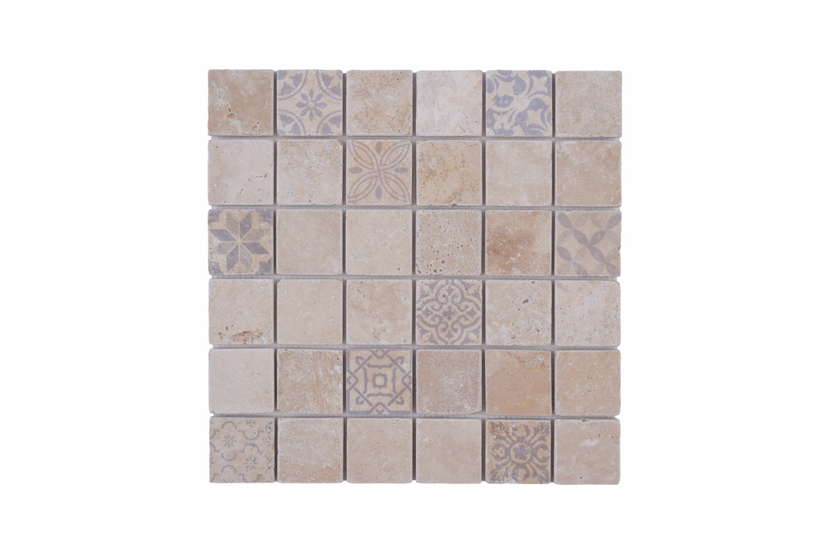 Art Mix 2x2 Travertine Tumbled Mosaic Tile with natural stone color variation
