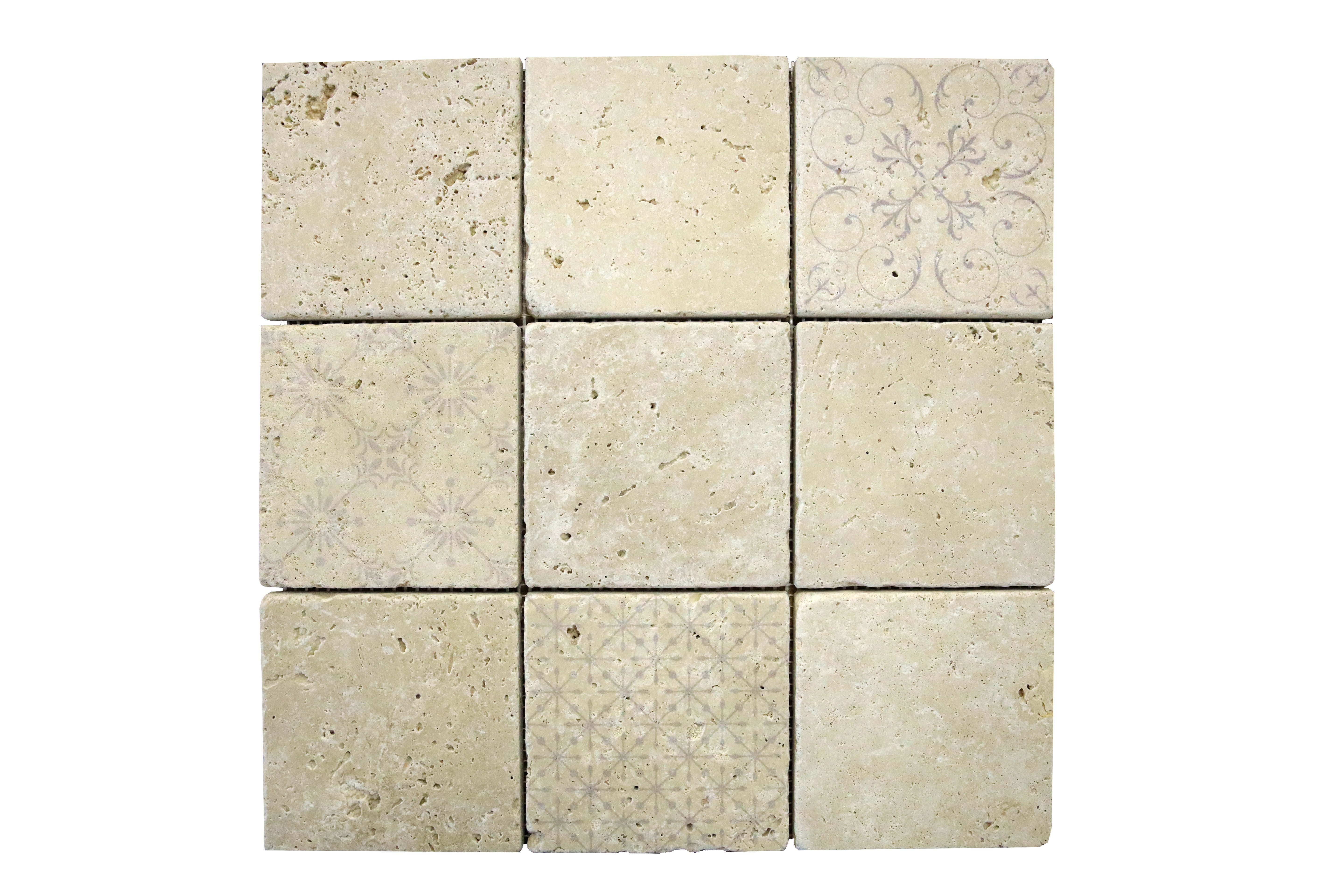 Art Mix Ivory Travertine mosaic tile with decorative printed patterns and tumbled finish