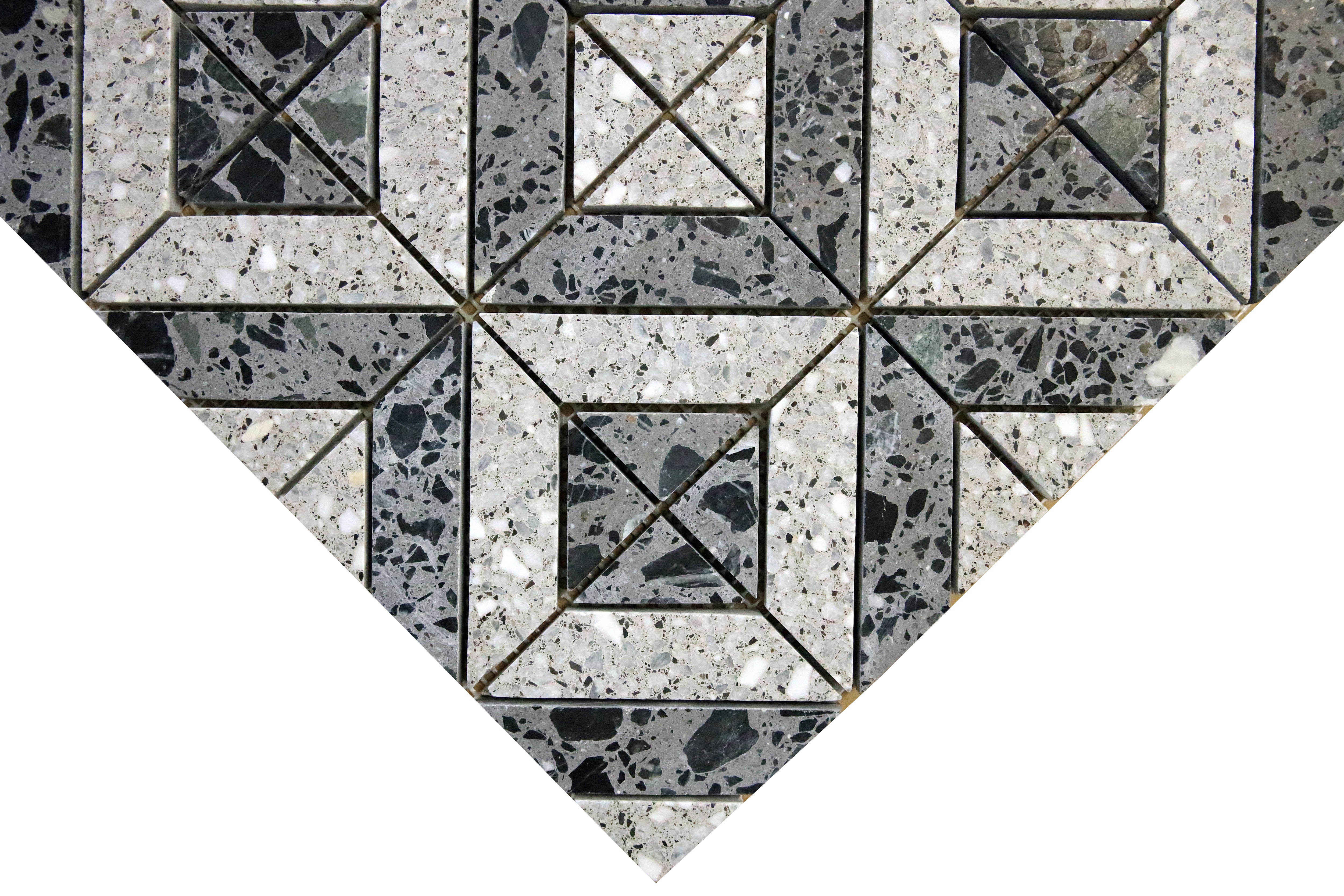 Terrazzo mosaic tile with structured geometric pattern in grey and black tones