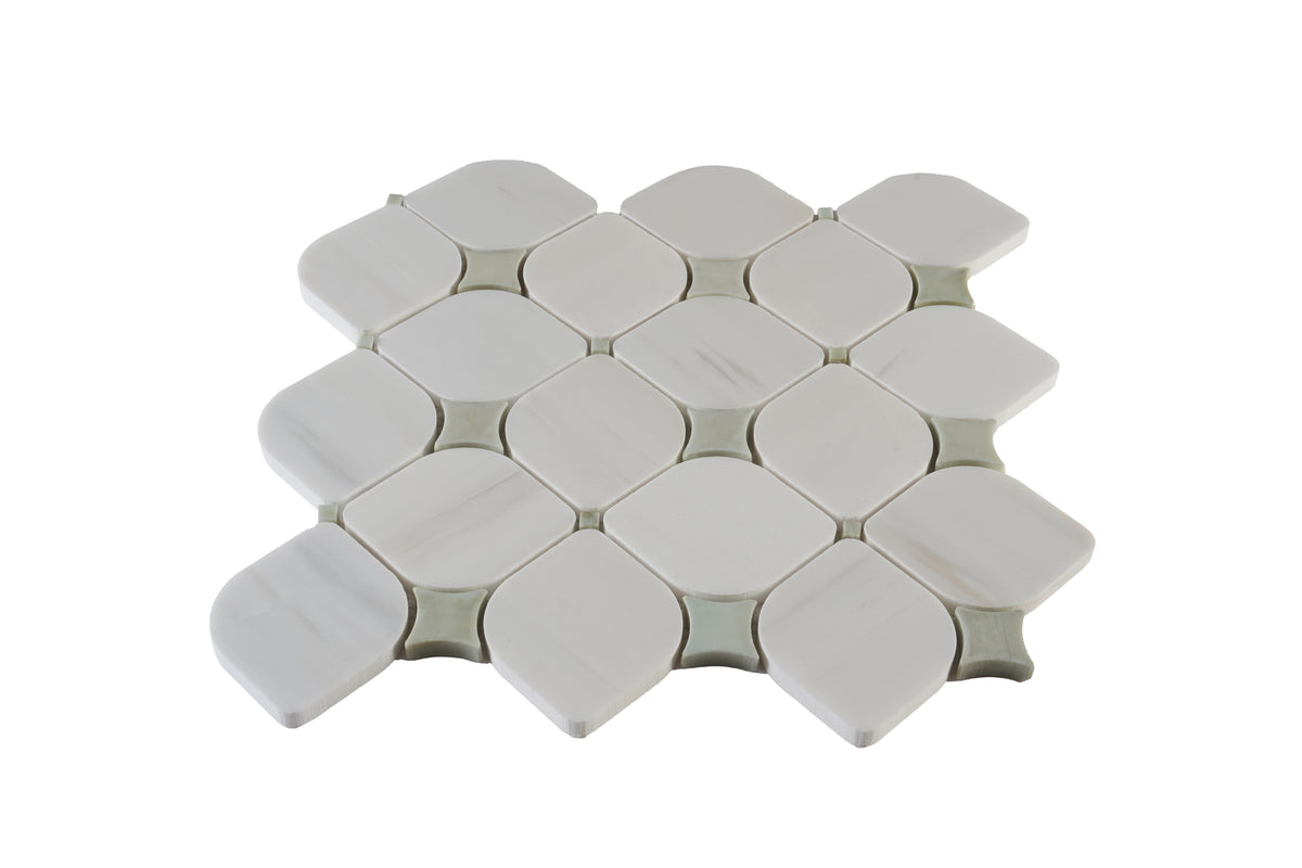 Close-up of Dolomite and Green Cosima Marble Mosaic showing natural color and veining
