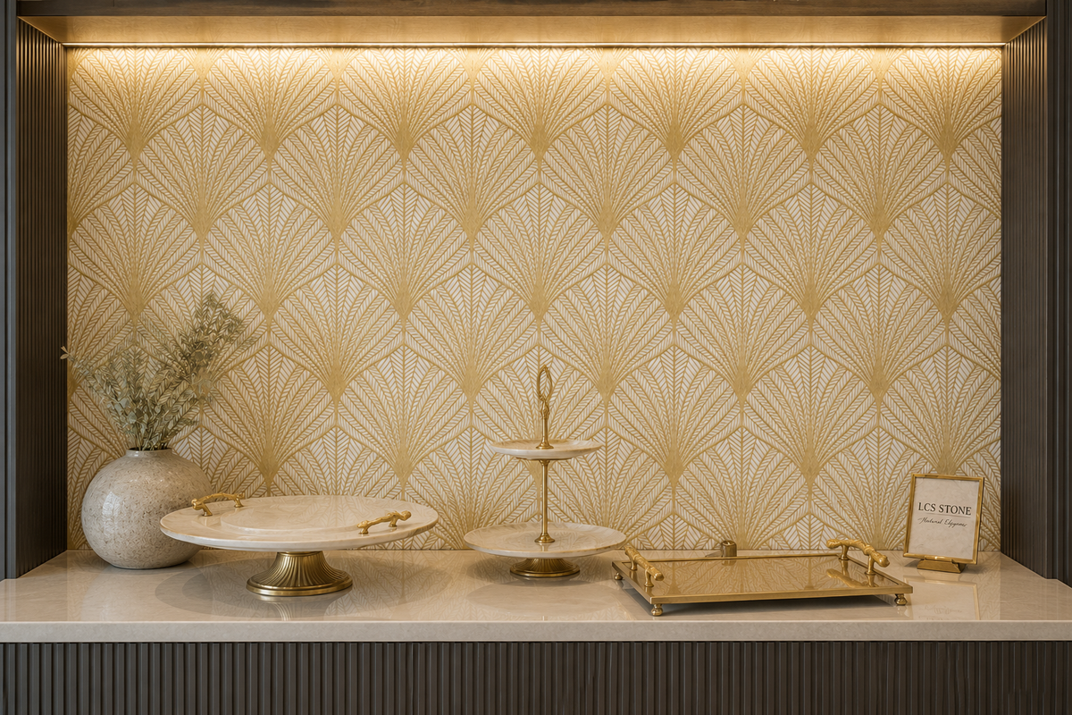 Detailed view of the matte white marble surface on Elsia Leaves mosaic tile