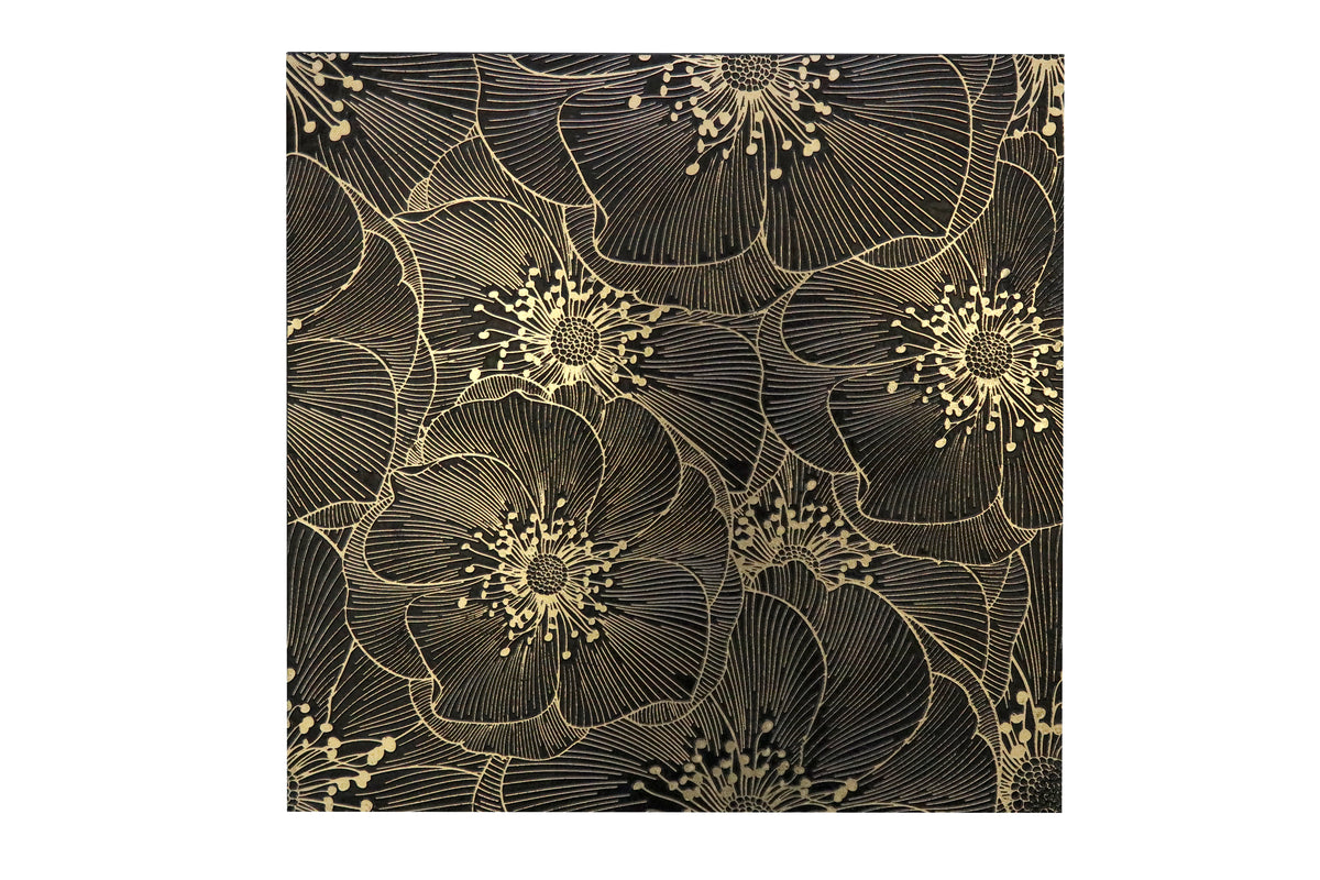 Golden Blossom Nero 18x18 floral decorative tile with black and gold engraved texture