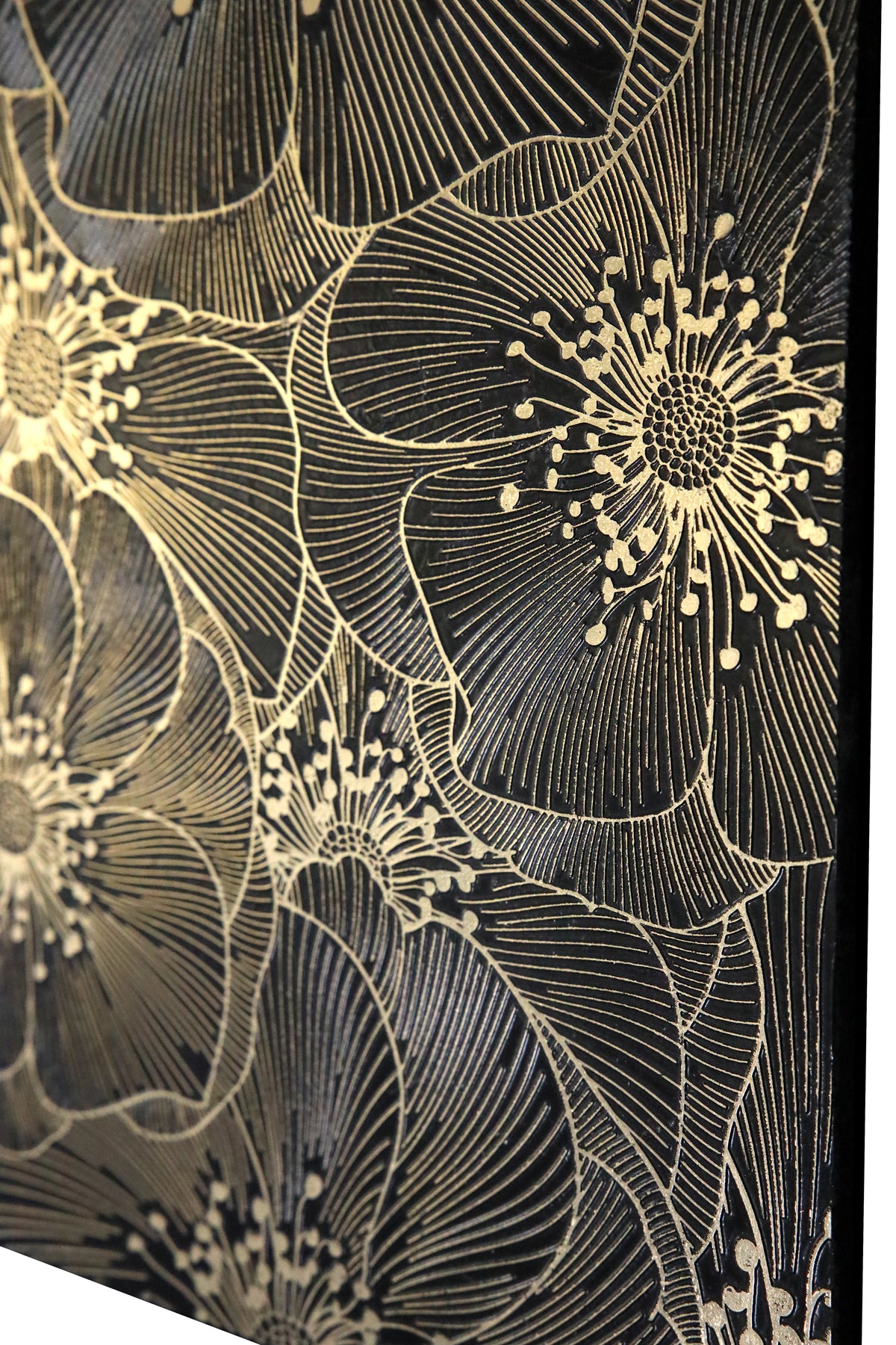 Golden Blossom Nero floral decorative tile installed on a luxury feature wall