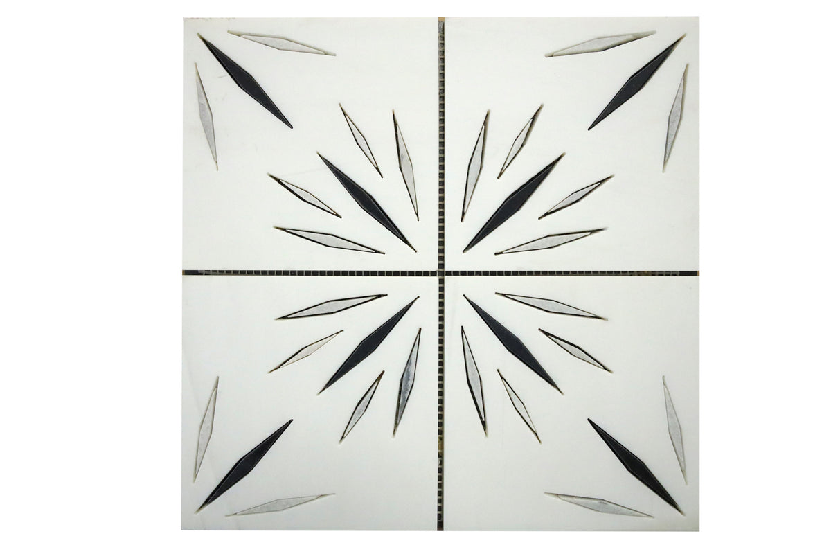 Harmony White with Black waterjet marble mosaic tile with geometric pattern