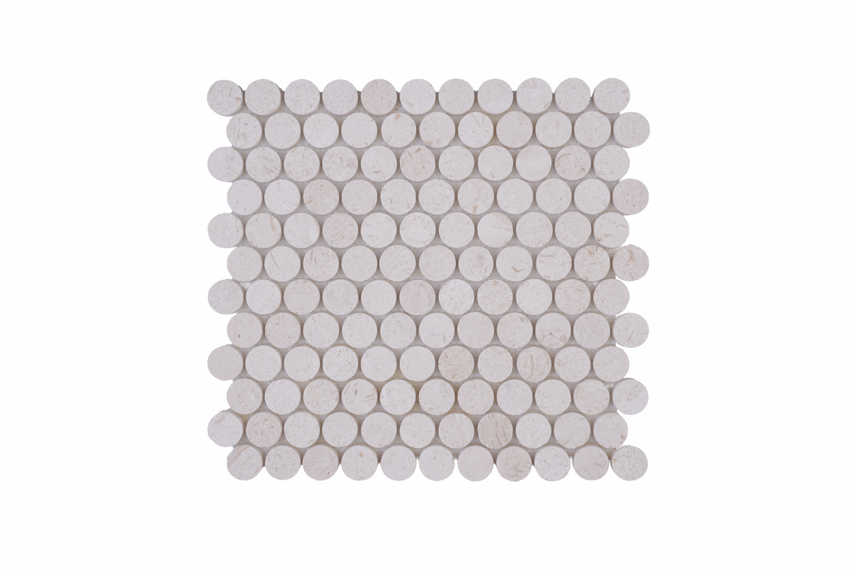 Limestone Penny Round Honed Mosaic Tile mesh-mounted sheet
